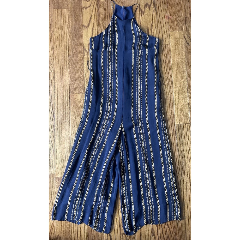 NICHOLAS US 2 Samira 100%‎ Silk Wide Leg Jumpsuit Navy Blue Gold Chain Old Money - Picture 12 of 16